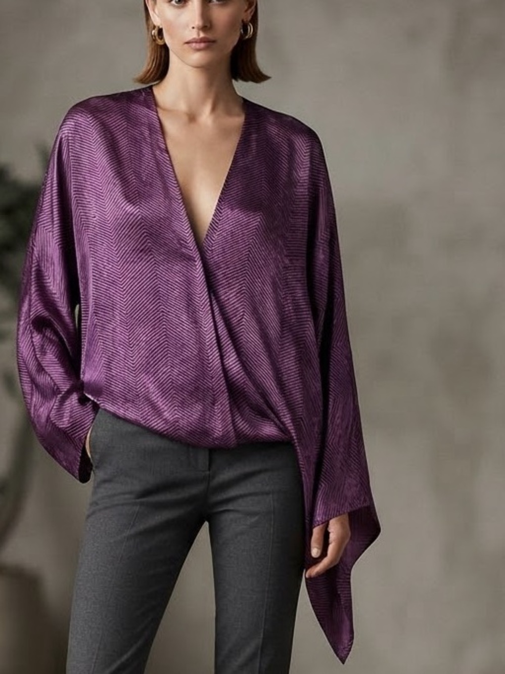ALEXIS Purple Silk V-Neck Draped Top Kimono Sleeve